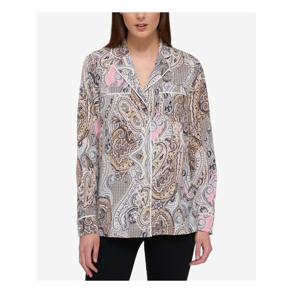 TOMMY HILFIGER Womens Beige Paisley Cuffed Collared Top Size: S
